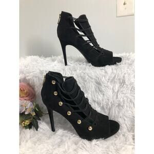 Jessica Simpson Black Suede Open-toe Stiletto Heel Gold Button Straps Zip Back9M